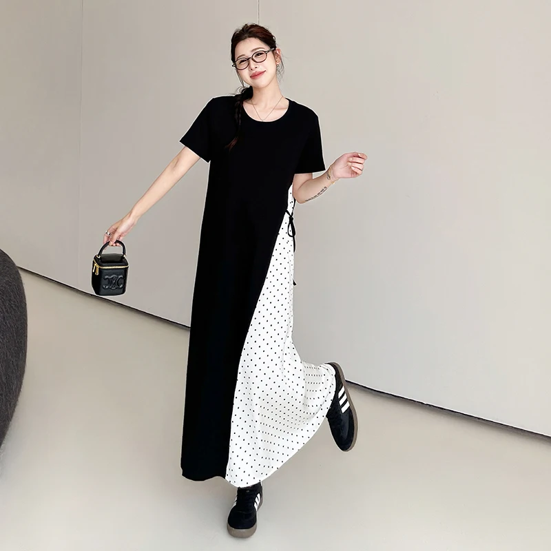 女性用半袖Tシャツドレス,ルーズフィット,ラージサイズ,黒,水玉模様,パッチワーク,夏服,2020