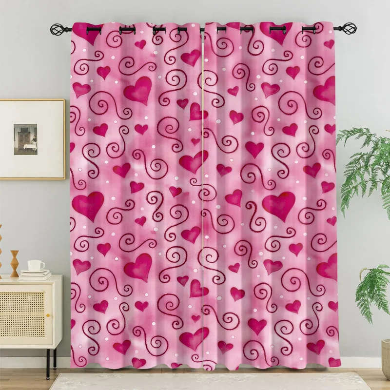 Pink Purple Heart Love Printed Curtains 2 Panels Light Blocking Rate 85% Darkening Decoration Curtains Romantic Window Drape