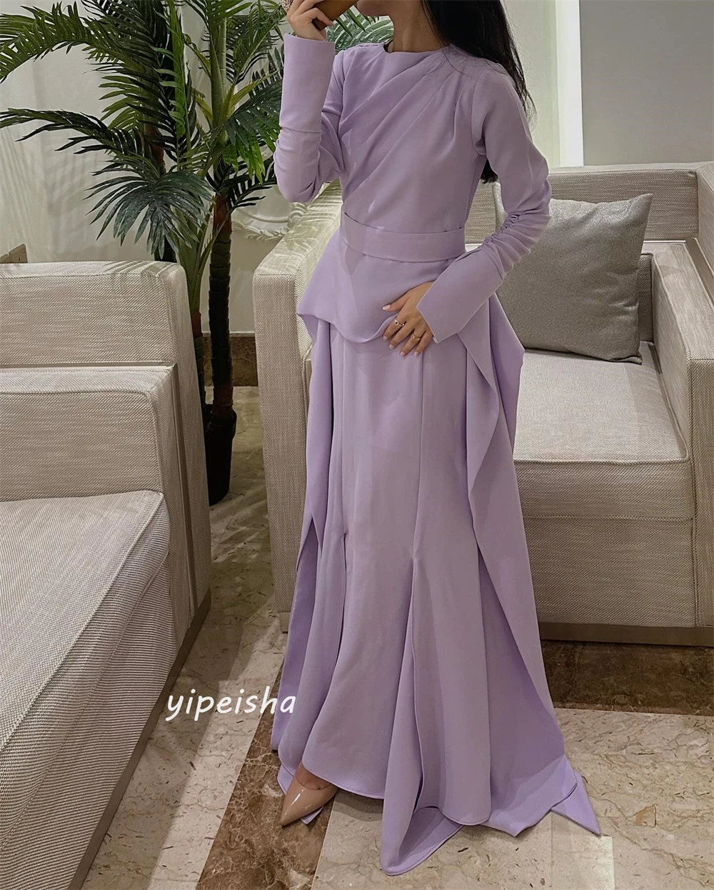 Vestido de graduación de Arabia Saudita, vestido de graduación de satén drapeado, plisado, línea A, joya a medida, vestido de ocasión, vestidos de manga larga