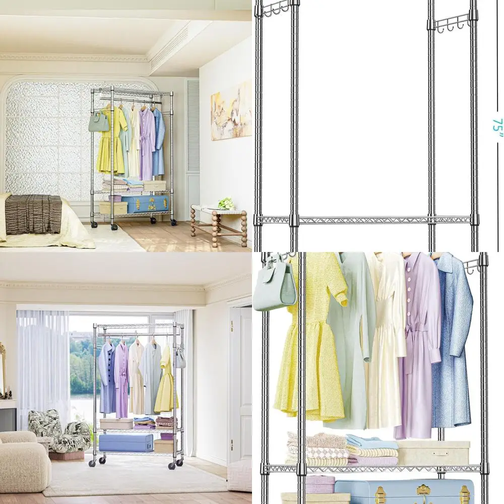 Perchero móvil resistente con 3 estantes ajustables, barra colgante y ganchos laterales, 29,5 x 15,7 x 75, cromado