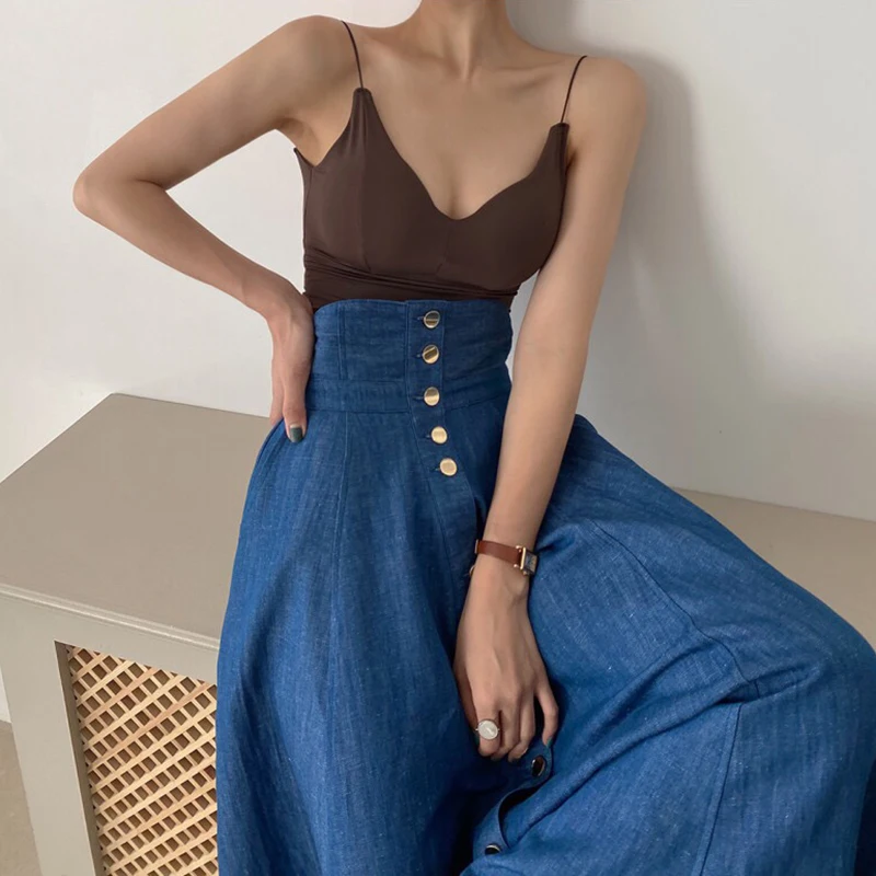 Vintage Blue Single-Breasted Jeans Skirts Trendy Fashion Pocket High Waist A-Line Skirt Female Long Maxi Denim Skirts Brand New