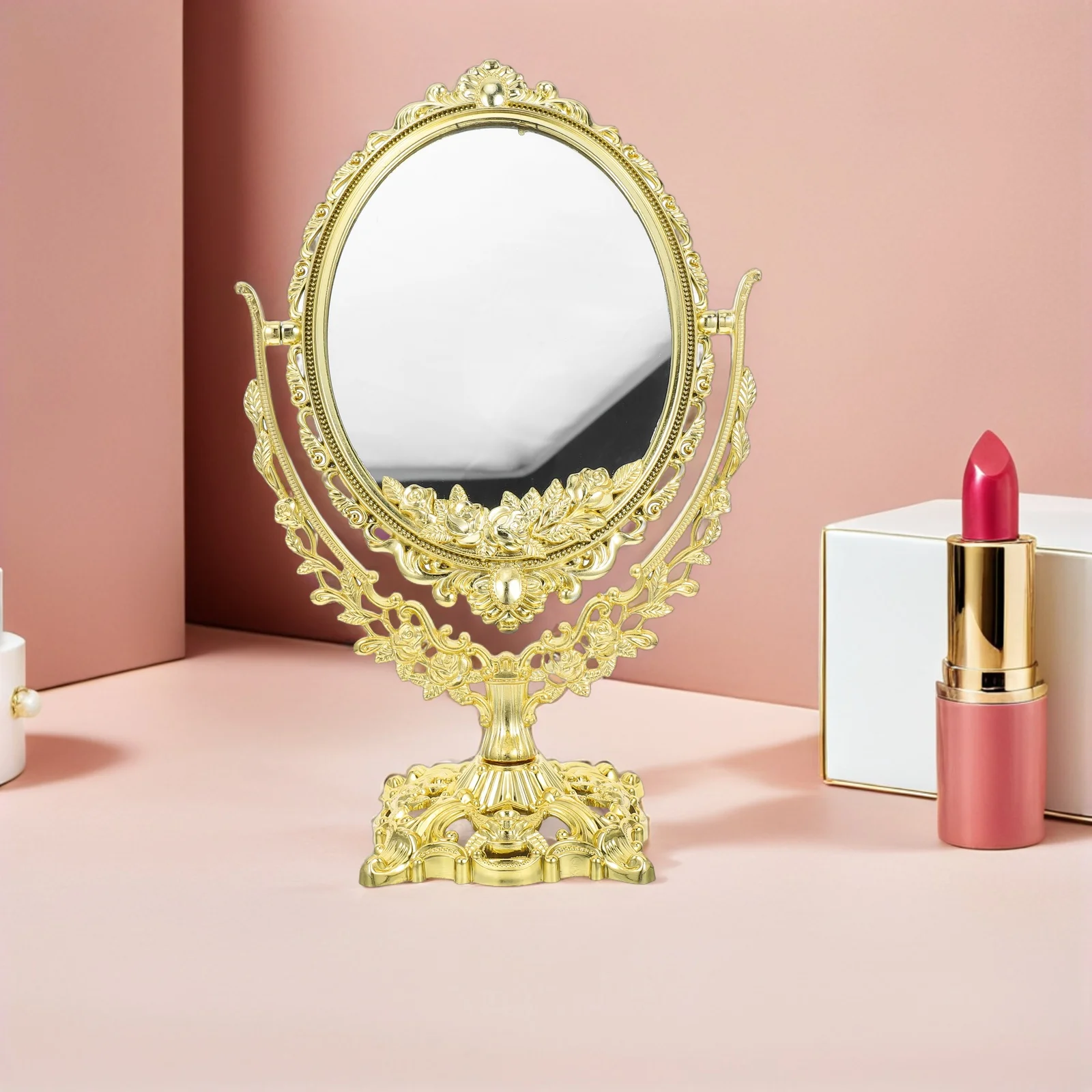 High Definition Vintage ovale spiegel met draaibare standaard Dubbelzijdige functionaliteit Stijlvolle retro-look voor kaptafel Bureau