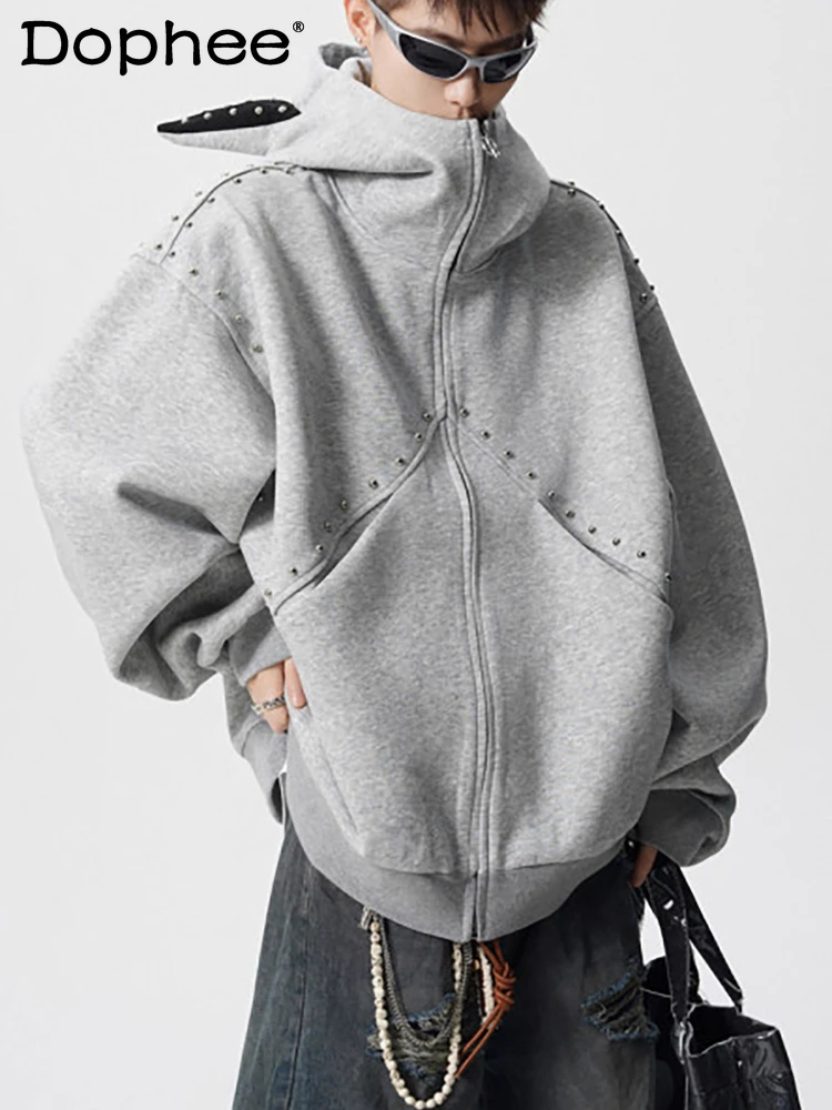 

Мужские новые куртки 2025 года, мужские высококачественные толстовки с капюшоном и заклепками на молнии, мужские красивые стильные однотонные толстовки с длинными рукавами