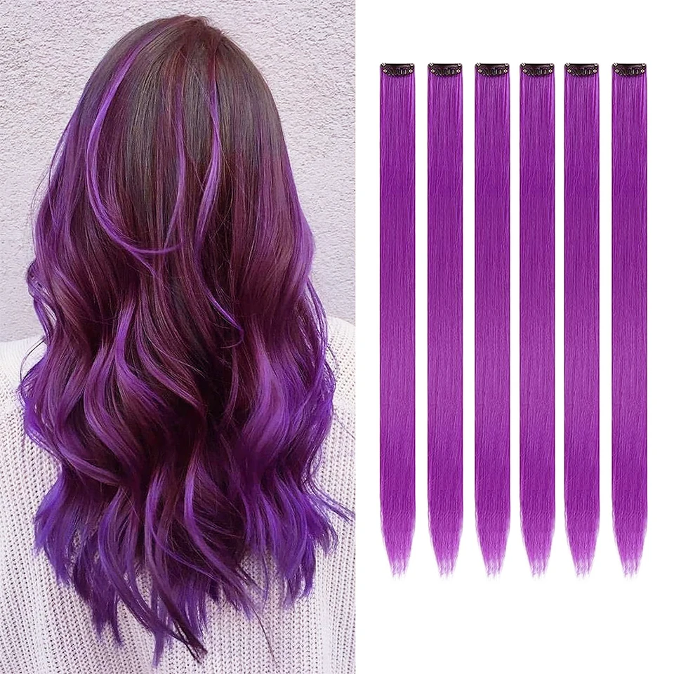 Extensiones de Cabello Clip In 6pcs/paquete Mechas de Colores para Fiesta 22 Pulgadas Multi-colores Lacio Sintético Postizos Rosa Púrpura
