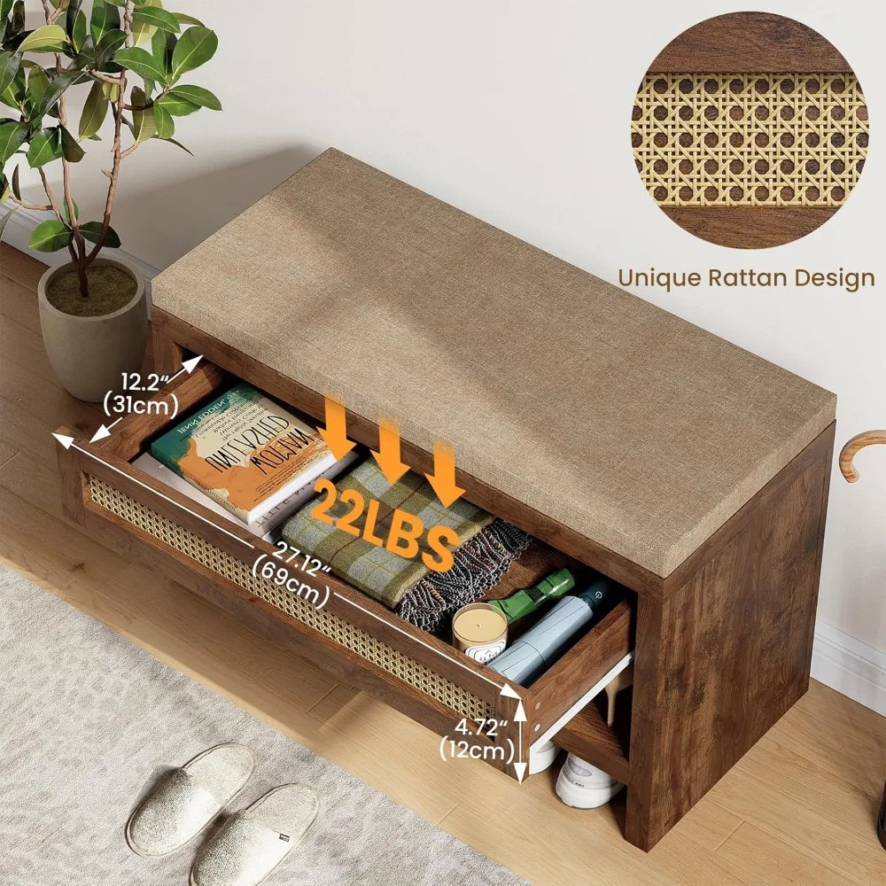 مقعد تخزين أحذية الروطان المبطن، درج ورف مزرعة مقاس 31 بوصة، مقعد منظم مدخل خشبي