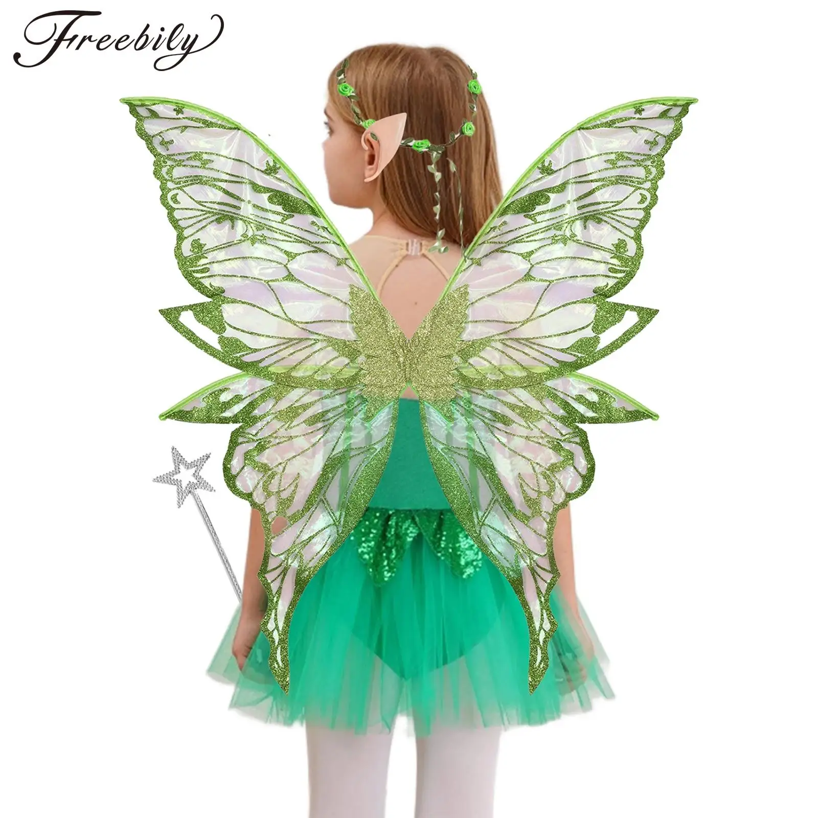 

Костюм сказочной принцессы с крыльями, костюм лесного эльфа для девочек, костюм для косплея на Хэллоуин, день рождения, зеленое платье феи
