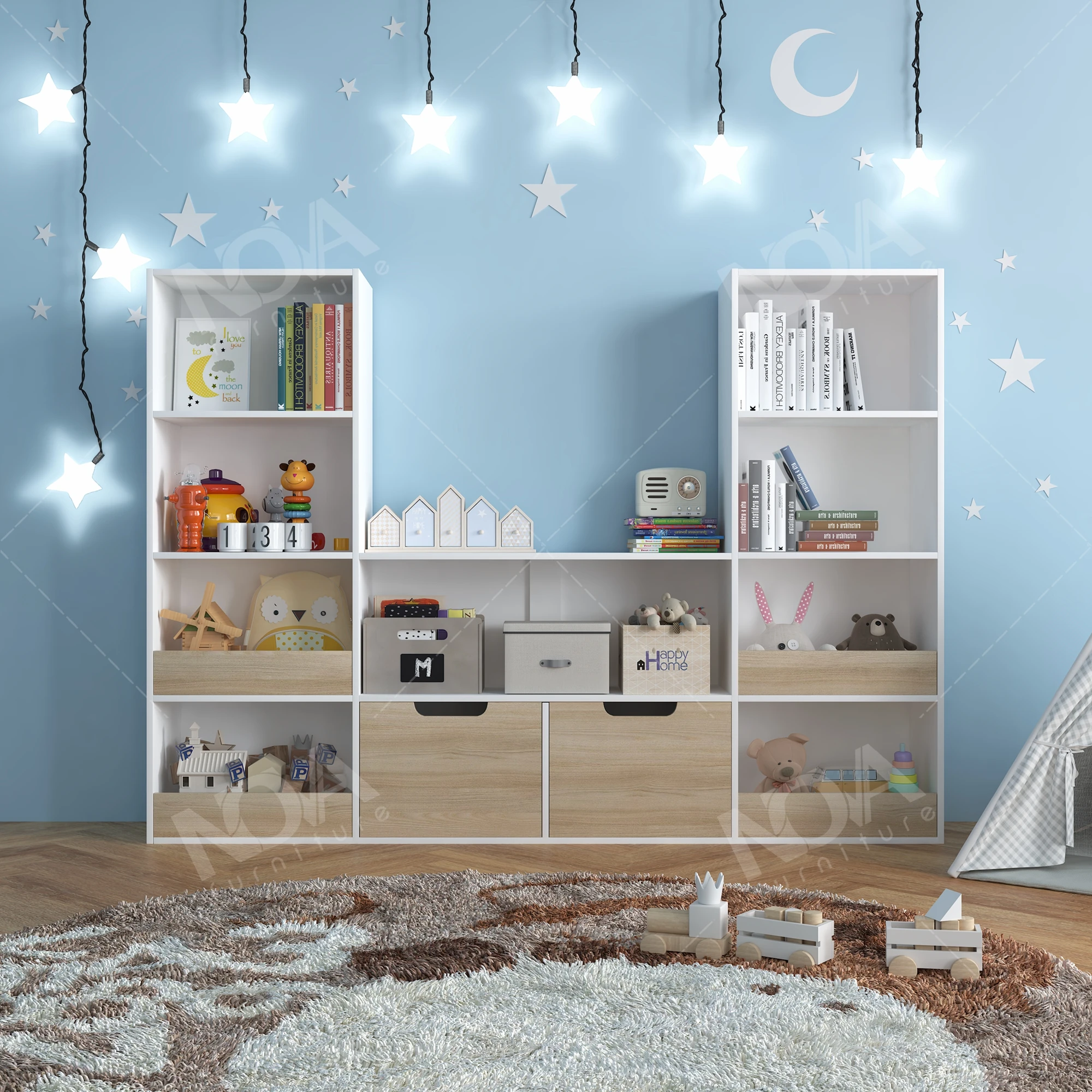 US Stock Wooden U-Shaped Large 4-Layer Bookcase Children's Bedroom Toy Locker Children's Reading Bookshelf Furniture