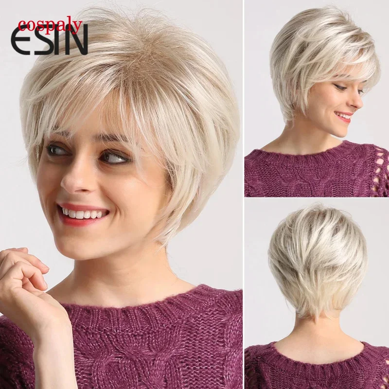 ESIN Synthetic Wigs Light Brown Ombre White Blonde Short Hair Natural Daily Wig With Bangs Wave Front Bob Wig Women'S Wigs