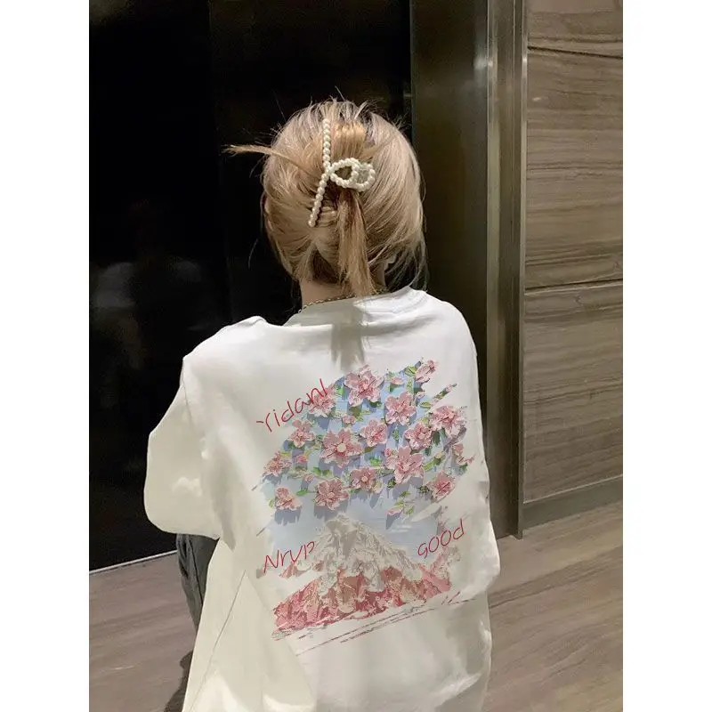 EBAIHUI American Vintage Casual Short Sleeved T-shirt Summer Loose Print Versatile Women's T Shirt Korean Flower Tee