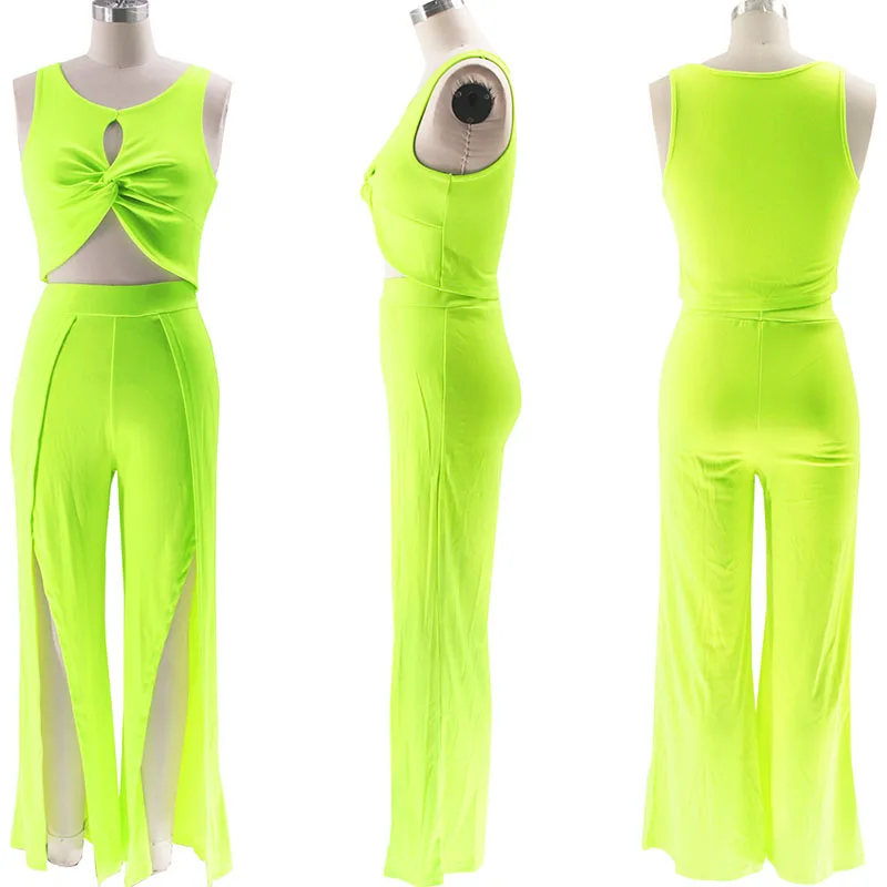 Solid 2 Peice Set Woman Sexy Club Outfits Tank Sleeveless Draped Cutout Crop Top and Split Wide Leg Pants Set Women 2 Piece Sets