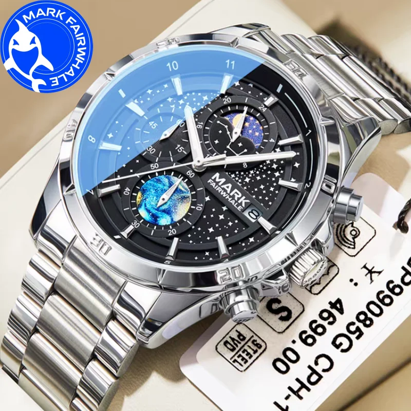 

MARK FAIRWHALE 5022 часы для мужчин, роскошные кварцевые наручные часы с хронографом и датой, водонепроницаемые мужские часы из нержавеющей стали с фазой Луны