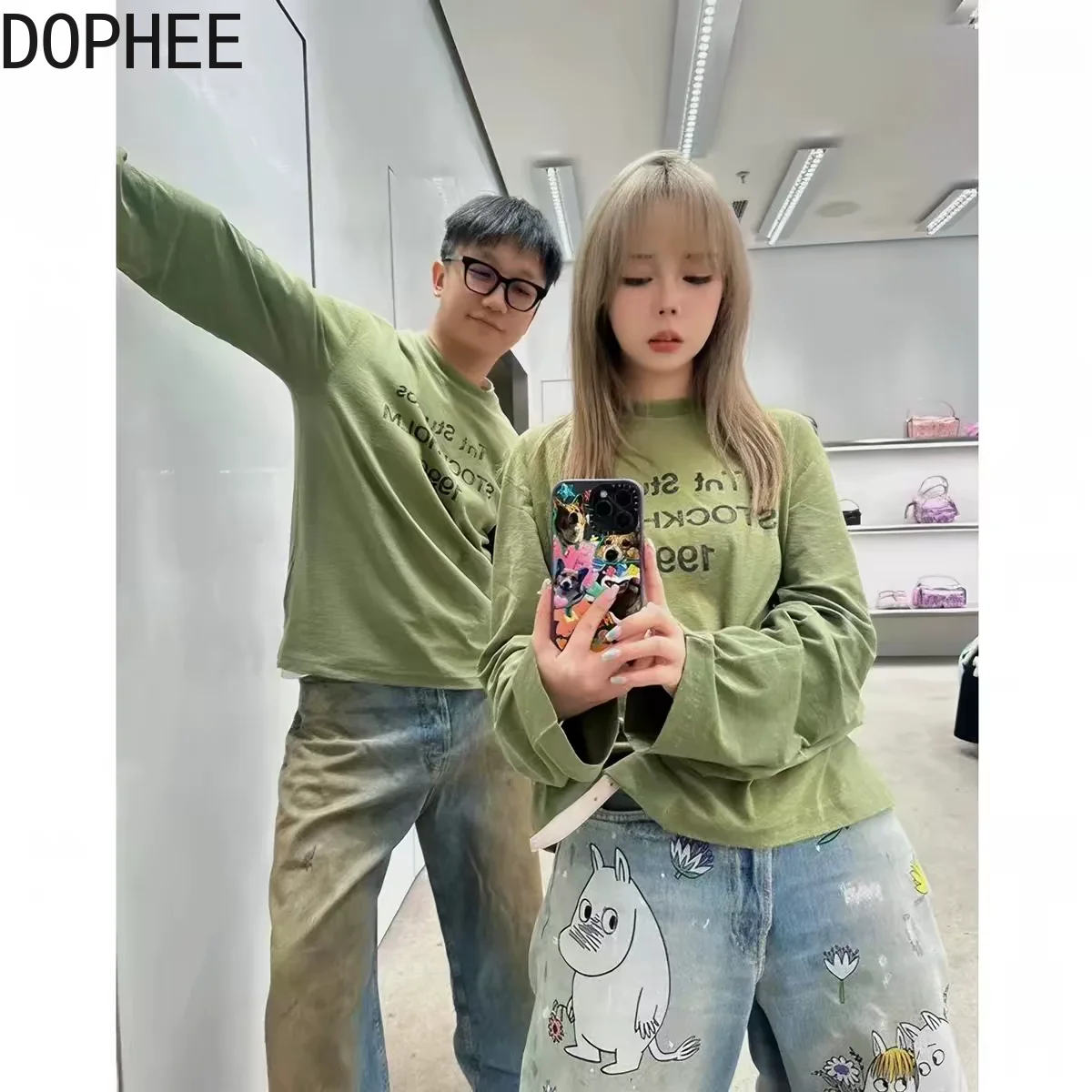Fashion Spring Autumm Women's Basic T-shirt Letters Printed Cotton-line Mid-long Pullover Top Round Neck Casual Long Sleeve Tees
