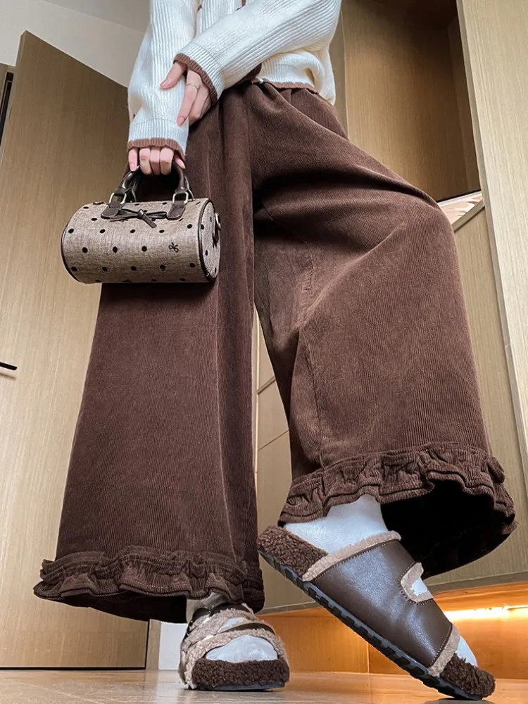 Spodnie sztruksowe damskie w kolorze cytrynowego żółtego, szerokie nogawki, jesienno-zimowe, słodkie, miękkie, z wysokim stanem, codzienne, proste nogawki.