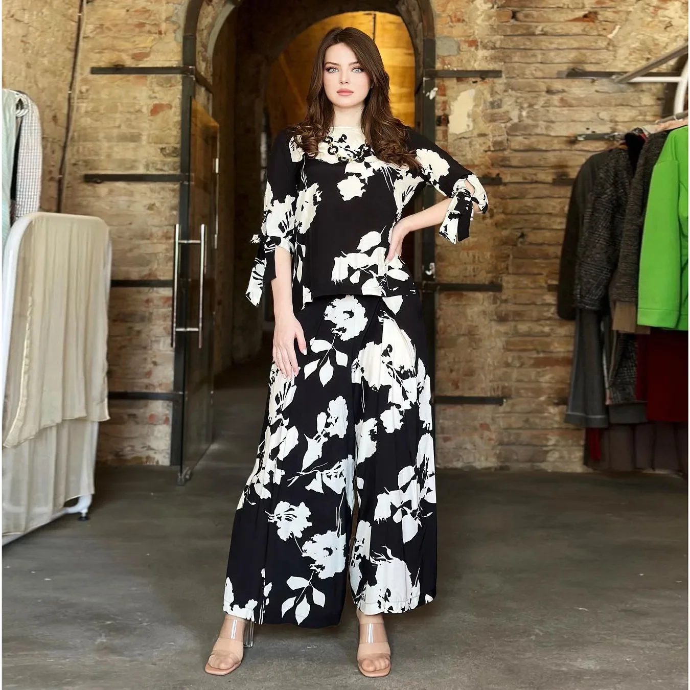 Women Musulman Ensemble Two Pieces Flowers Tops Islam Kaftan Arab Wide Leg Pants Casual Ramadan Eid Muslim Sets Jalabiya