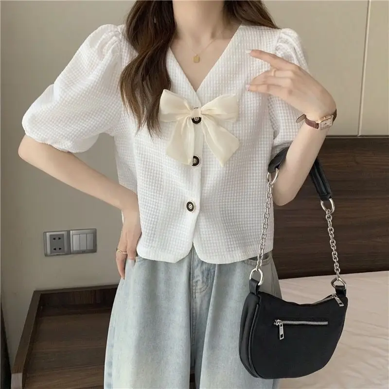 Cropped Shirts Women Summer V-neck Sexy Fashion Elegant French Style Puff Sleeve Tender Streetwear Popular Chic Young Office Ins