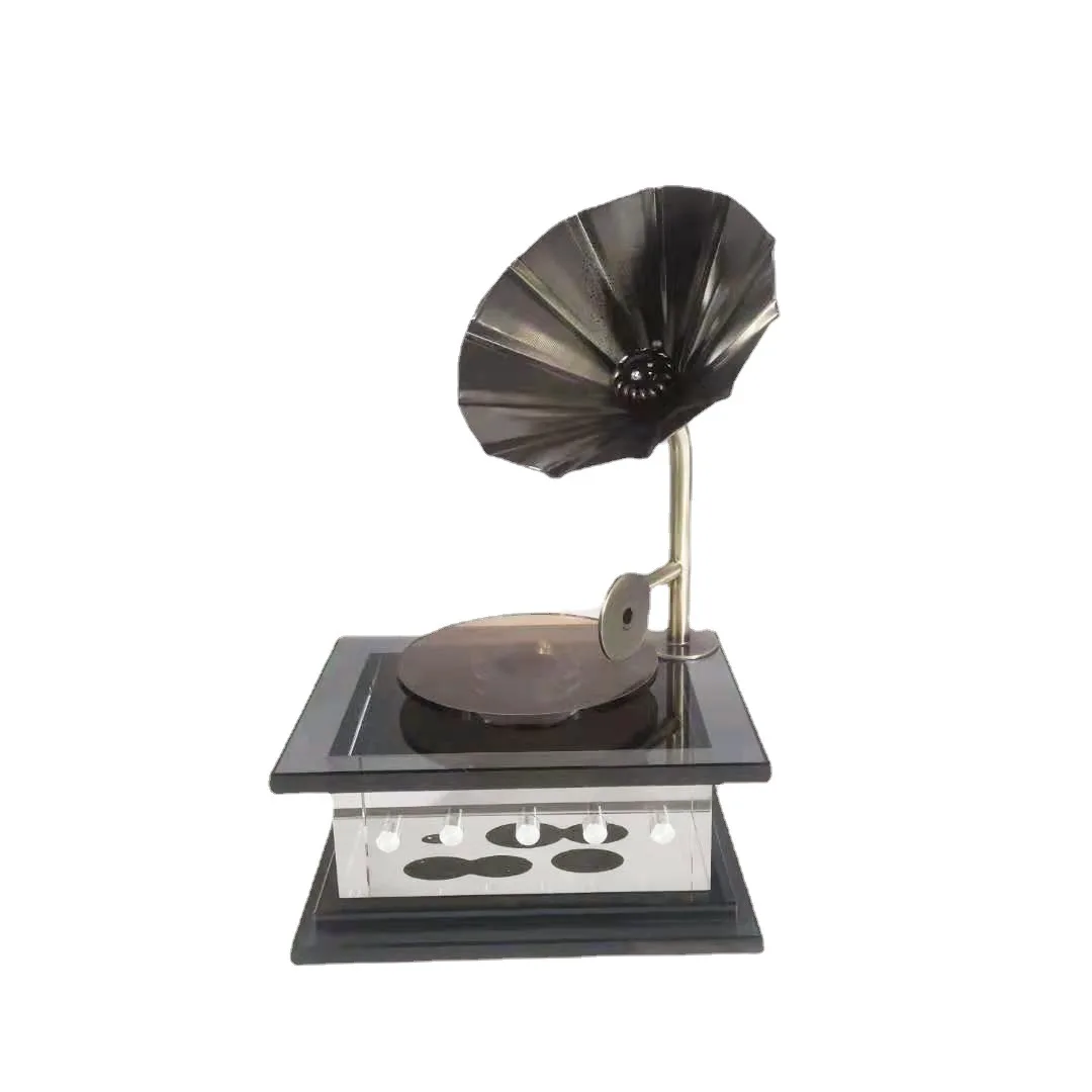 Simple modern black curved gramophone, crystal glass ornaments, model room, living room, entrance, table decoration