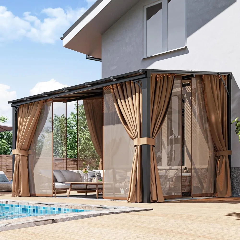 

10'x12' Lean to Gazebo with Mosquito Net and Curtains, Aluminum Frame, Polycarbonate Panel, Wall Mounted Pergola, Customized