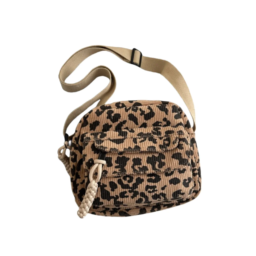 New Leopard Pattern Crossbody Bags Adjustable Shoulder Strap Corduroy Shoulder Bag Multi-pockets Casual Waist Bags Daily Use