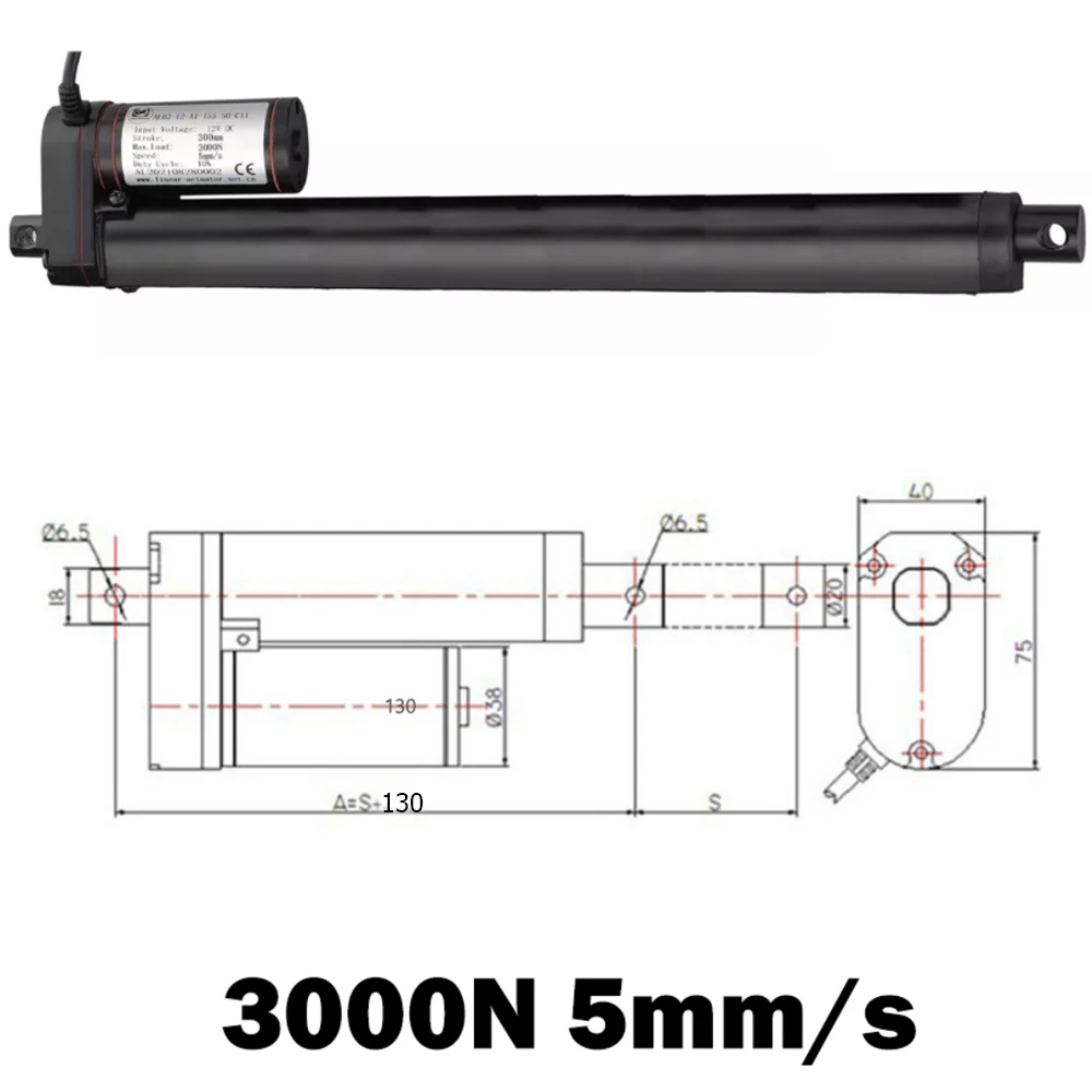

3000N 300kg 5mm/s Speed Linear Actautor DC12V 50mm 100mm 150mm 200mm 250mm 300mm 350mm Stroke Actuator For Window Swing Gate