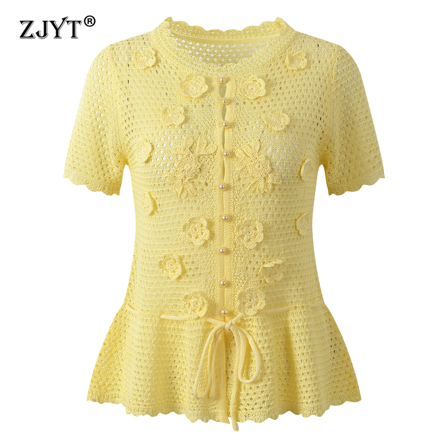 ZJYT New Fashion Women's Knitwear Summer Yellow Knitted Tops Short Sleeve Sweaters & Jumper Cardigans for Woman Jersey Female