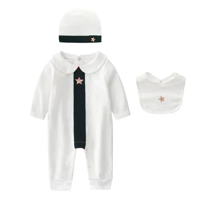 New Arrival Spring Autumn Fashion Brand Style Baby Clothes Cotton Long-Sleeved Patchwork Romper Hat And Bibs 3-Piece Set