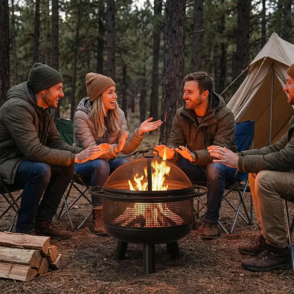 Portable Heavy-Duty Outdoor Wood-Burning Fire Pit with Log Grate, Poker, and Mesh Screen for Camping, Picnics, and Backyard Gath