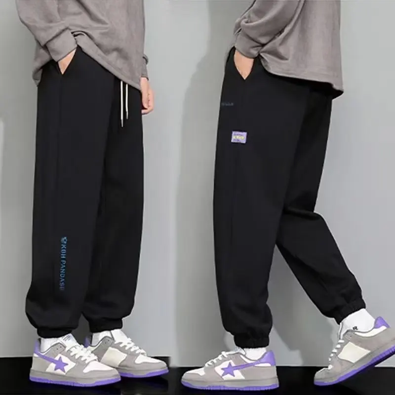 Men Korean Fashion Drawstring Banded Sweatpants Mens Straight Pants Loose Casual Harem Pants Waist Knitted Casual Wide Pants