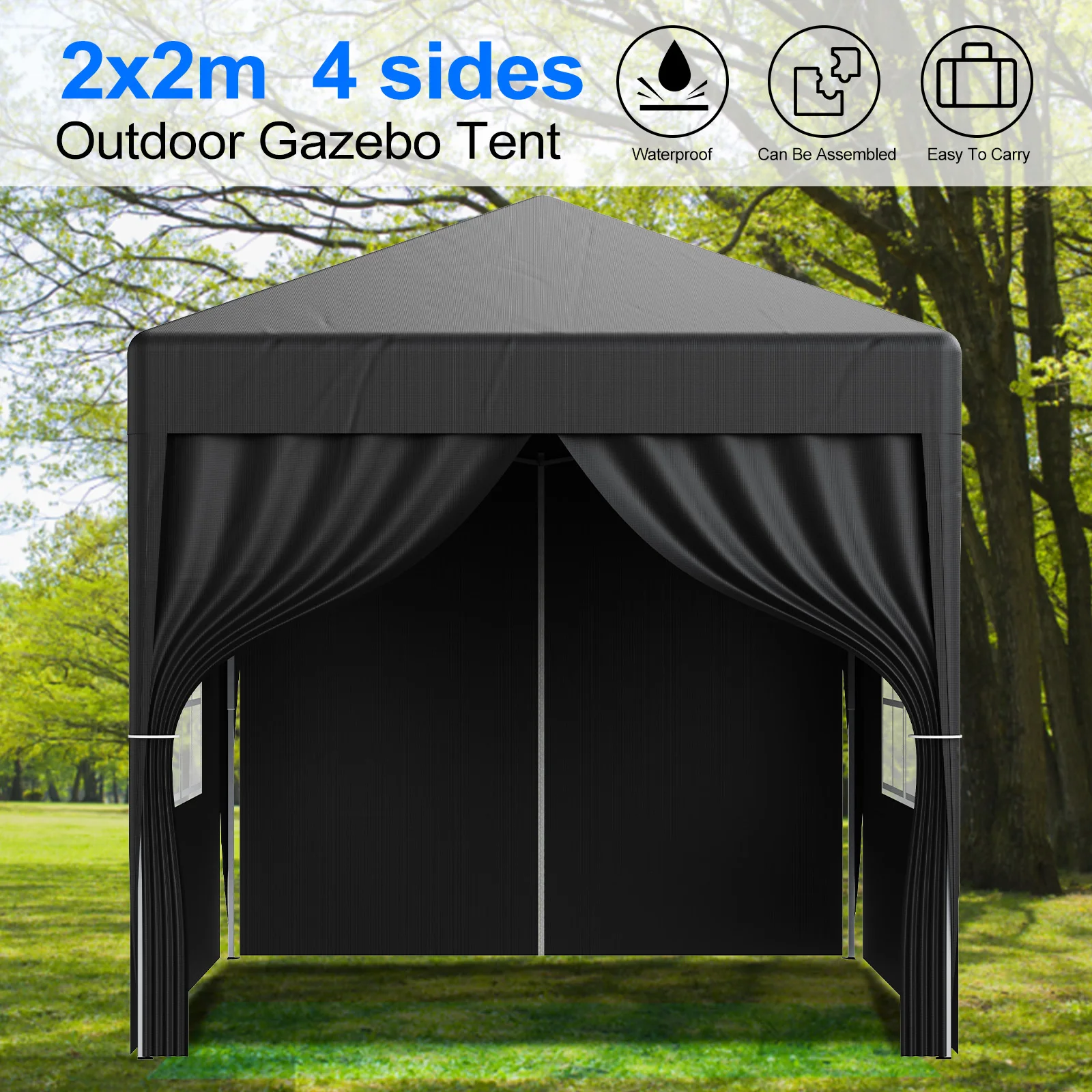 Pop up Gazebo 2x2m(6.5x6.5ft) Commercial Market Stall with Side Walls, Steel Frame, Waterproof, Garden Canopy Outdoor Camping