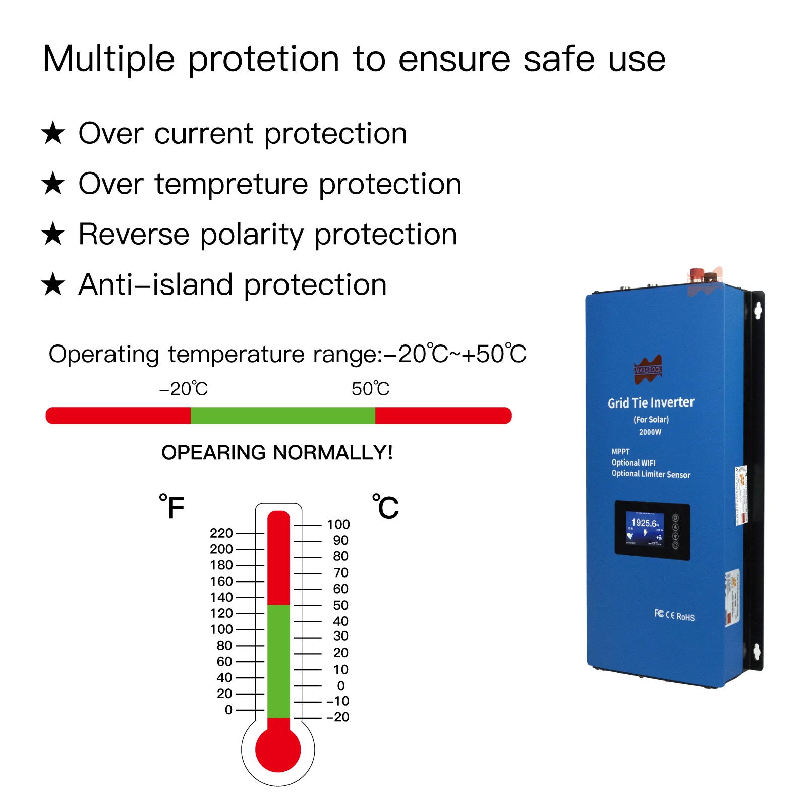 1000W 22V-60VDC 45V-90VDC 95V-265VAC Solar Grid Inverter. Optional WiFi, With automatic Matching Grid Voltage AC 120V 230V