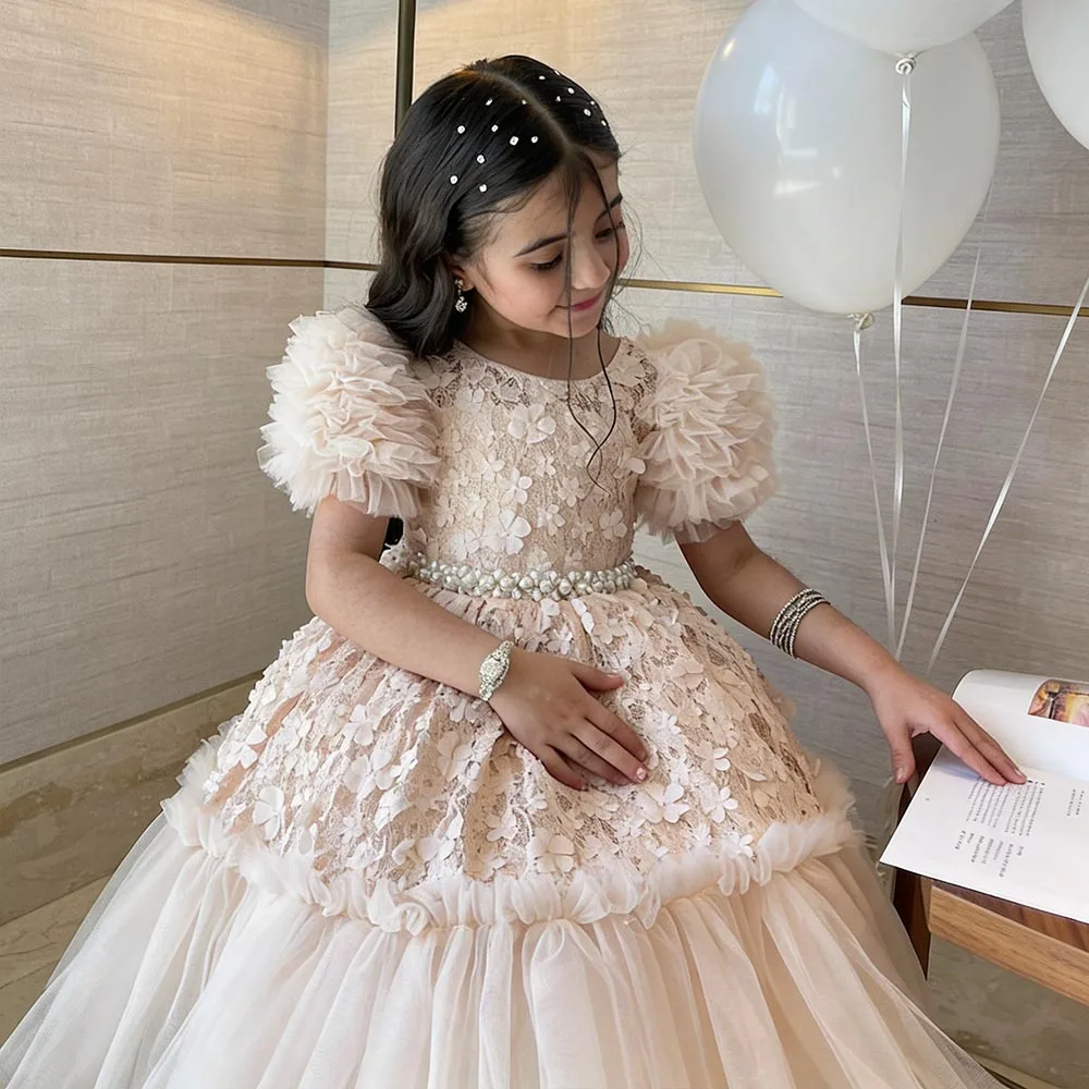 Exquisito vestido de princesa con encaje, vestidos de flores para niñas, vestido bonito de encaje para niñas, vestido de cumpleaños en forma de A, vestidos infantiles color champán