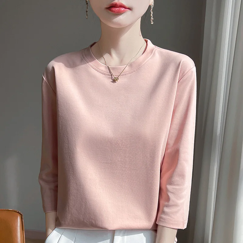 

Summer New Women's Round Neck 100% Cotton Cropped Sleeves Fashion T-shirt Loose Leisure Mercerized Cotton Top