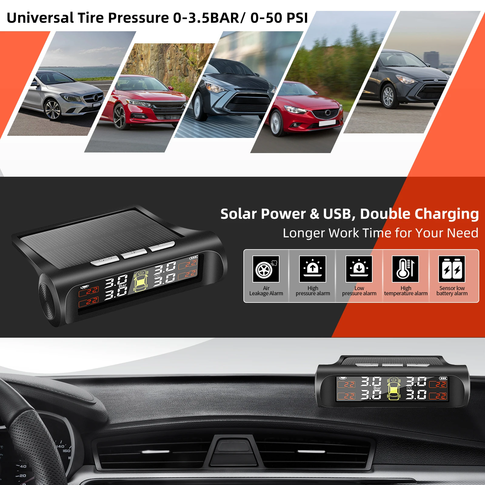 Tire Pressure Monitoring System With 4 TPMS sensor Solar Powered Digital LCD Display Auto Security Alarm Tire pressure sensor