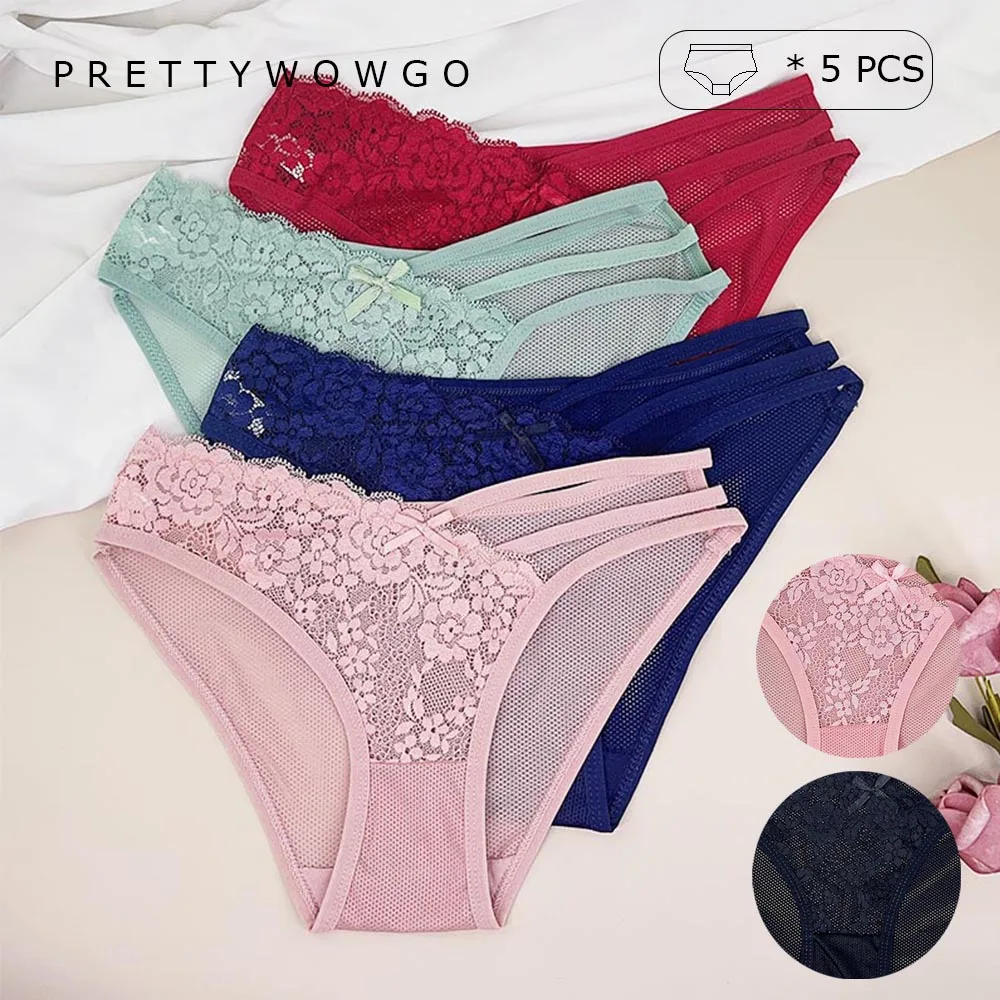 

5 Pcs Underwear New Arrival 2024 Sexy Panties Intimates Girls Underpants Solid Color Cotton Hollow Out Women's Lace Briefs 9617