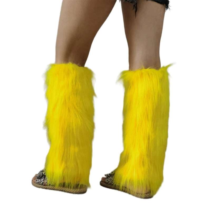 Fuzzy Boot Cuffs Leg Warmer for Women Girl Aesthetic Vintage Solid Color Bright Yellow Plush Leg Cover Knee Length Socks