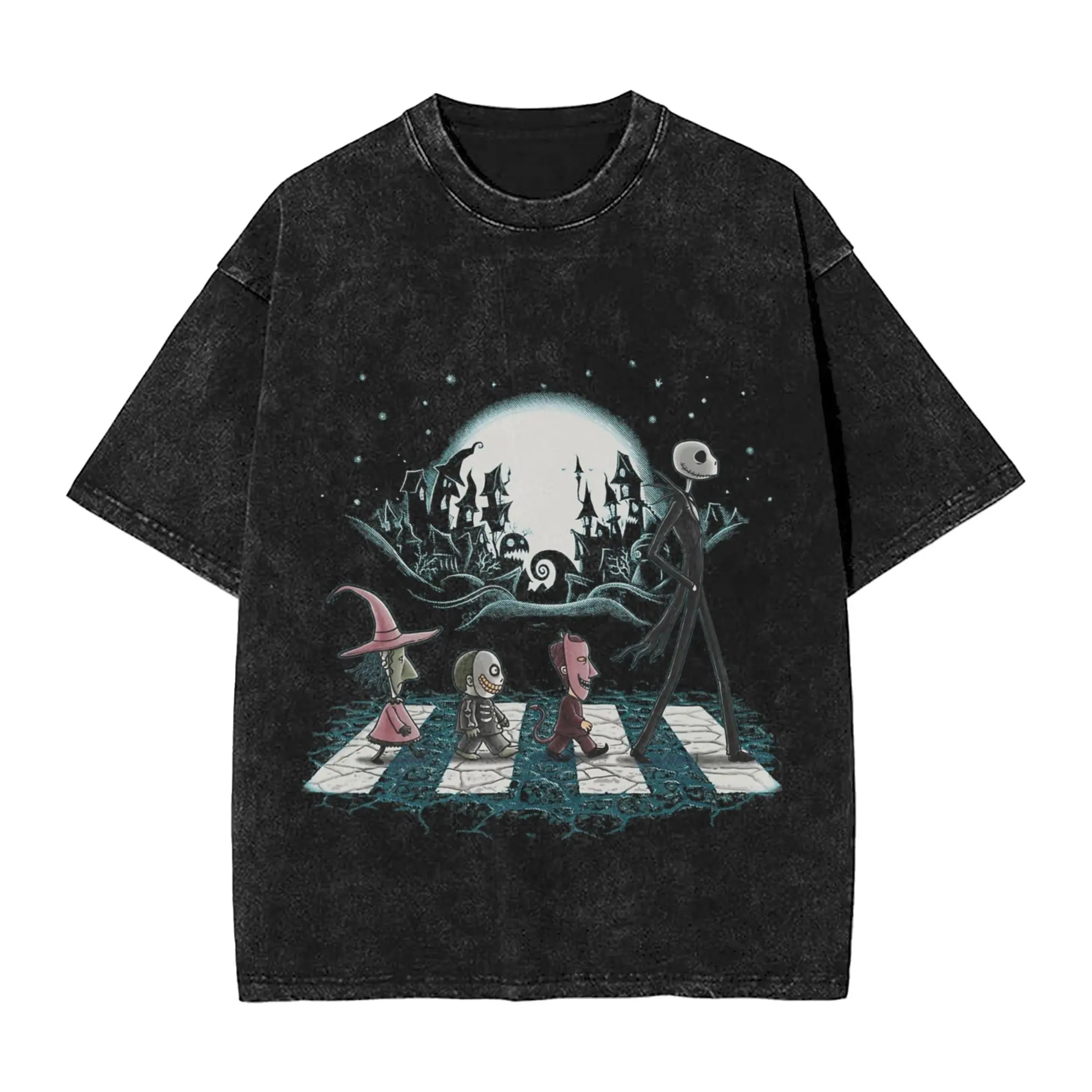 

Graphic Printed The Nightmare Before Christmas Washed T Shirt Outfit Harajuku T-Shirt Men Women Tees