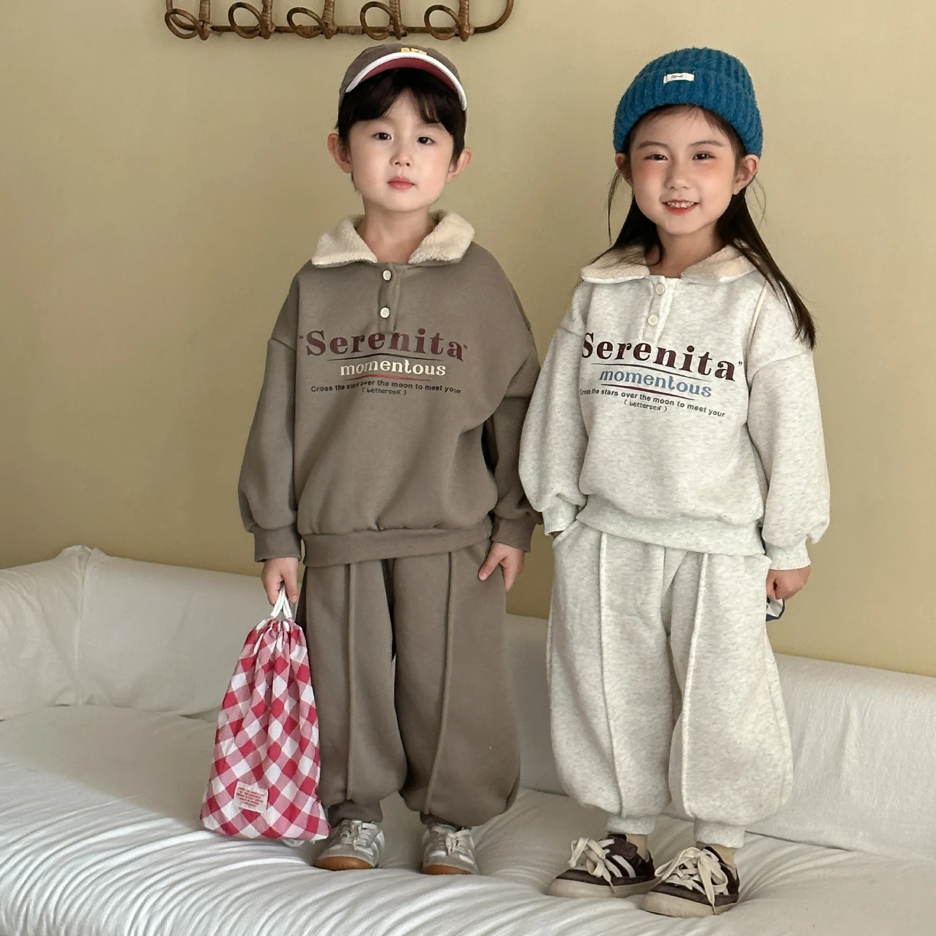 2025 Winter New Children Long Sleeve Clothes Set Plus Velvet Thick Boys Girls Lapel Fleece Sweatshirt Suit Kids Warm Sports Set