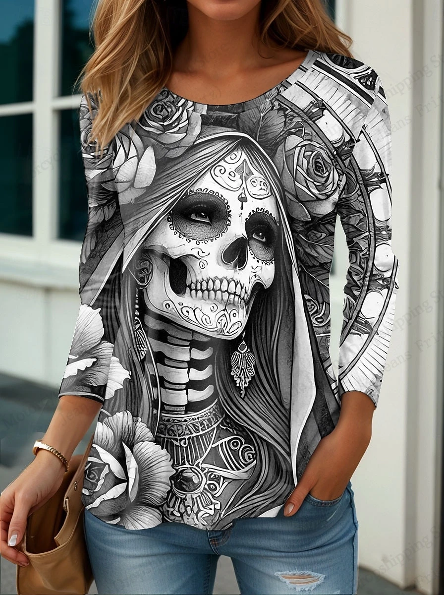 المرأة تي شيرت الأزهار الجمجمة خمر ثلاثية الأبعاد طباعة طويلة الأكمام تي شيرت المرأة موضة المتضخم الميت بلايز تيز ربيع خريف شتاء #6