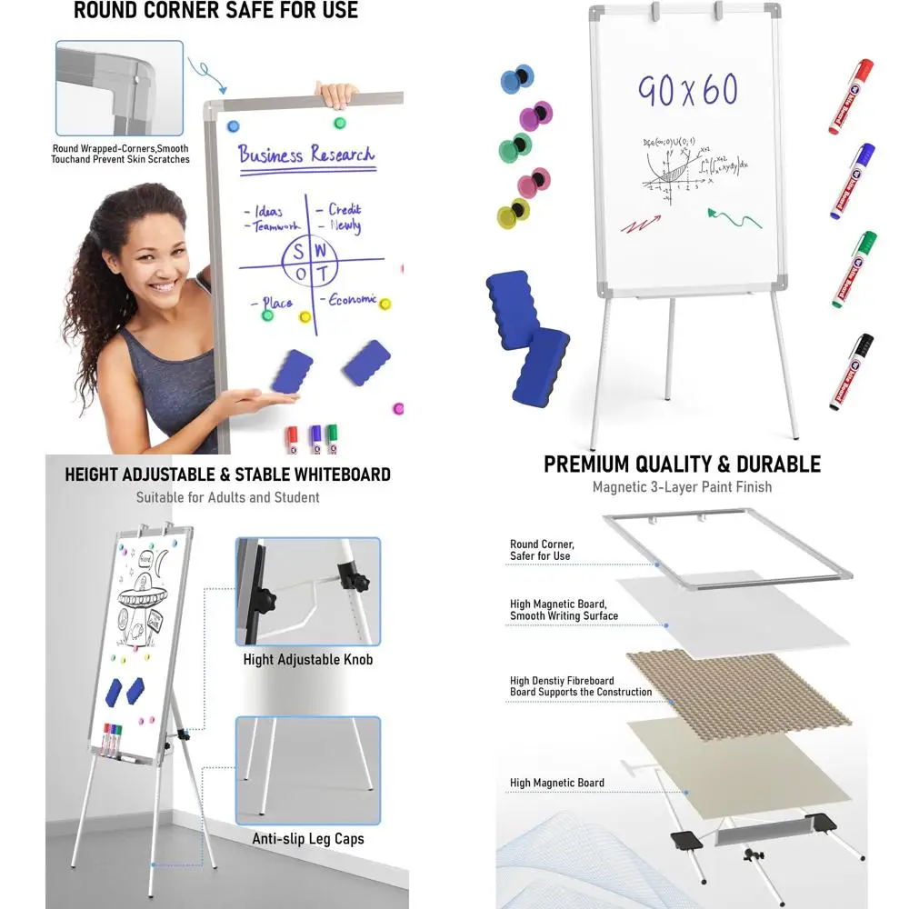 

Adjustable Height Magnetic Dry Erase Board, 36x24, with Stand, Pens, Eraser, Magnets for Home, Office, Classroom
