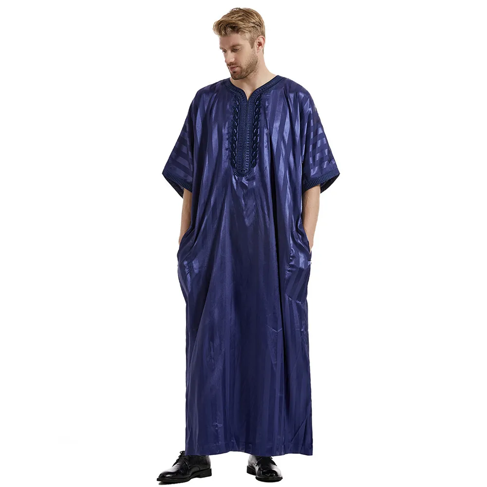 Ramadan Muslim Dress Abayas Dubai Casual Kaftan Satin Robe Stripes Islamic Costume Short Sleeve Jubba Thobe for Mens Middle East