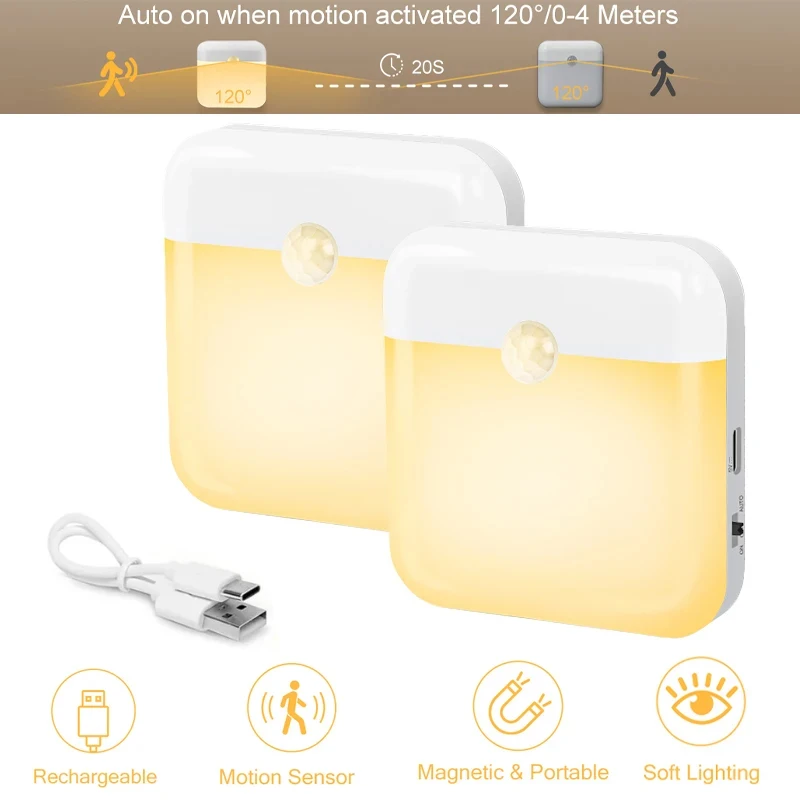 

Светодиодный светильник с датчиком движения, магнитный беспроводной светодиодный ночник, USB-перезаряжаемый светильник для шкафа, гардероба, спальни, коридора
