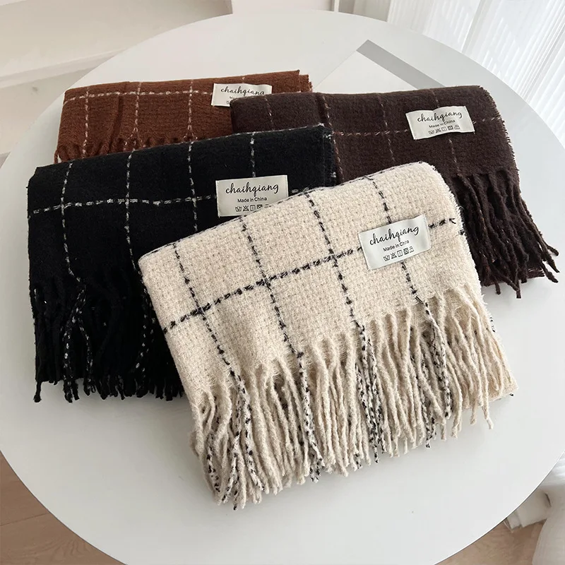 

Новый шарф в японском стиле, женский зимний универсальный корейский шарф с имитацией кашемира, клетчатый шарф, утолщенная теплая шаль для пар Ne