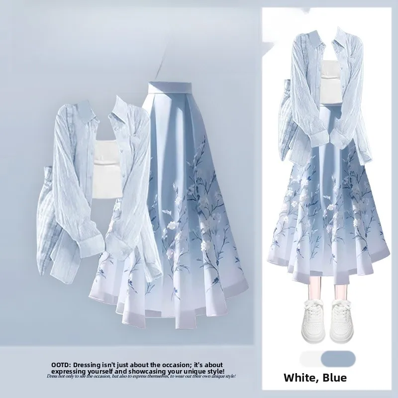 مجموعة الصيف 2025 سترة جديدة لطيفة واقية من الشمس irt سترة ضيقة مطبوعة تنورة عالية الخصر تي شيرت مجموعة المرأة Faion Ense...