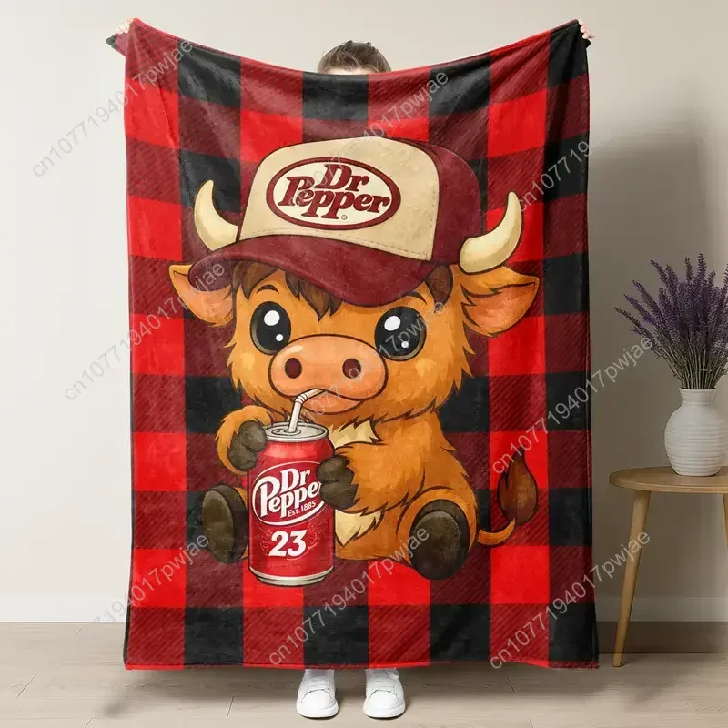 Soft Funny Throw Blanket Highland Cow Wear a Hat Cute Pattern Dr Pepper Flannel Blanket,Red and Back Checkered Blanket 1 Count S