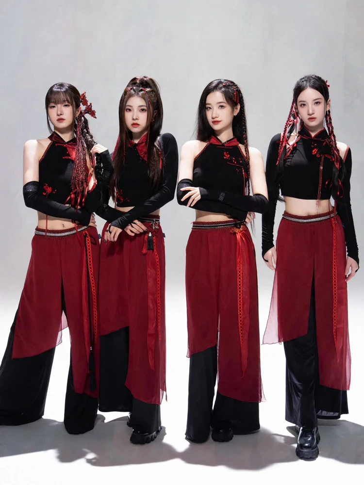 2024 New Stage Style Black And Red Ancient Chinese Jazz Dance Costume Women's Group Performance Suit Milk Silk Material