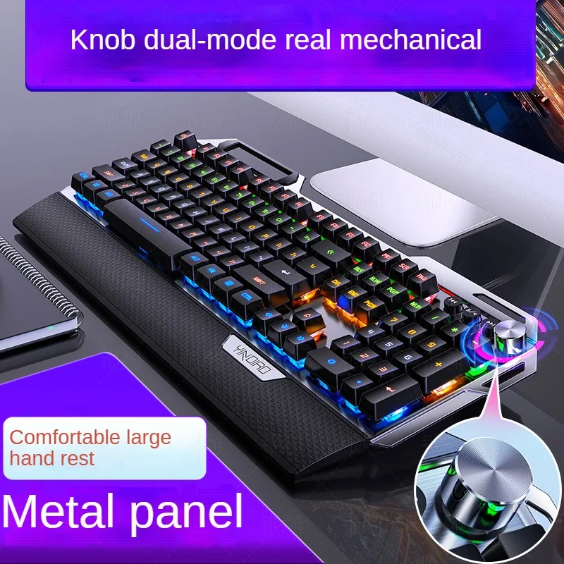 

K100 metal mechanical gaming keyboard, 104 key gaming blue axis backlight, with phone holder knob adjustment, and hand support