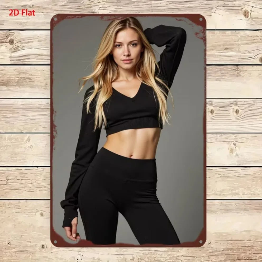 2D Metal Sign, Casual Blonde Lady in Black Outfit Vintage Metal Tin Sign, Home & Gym Wall Decor