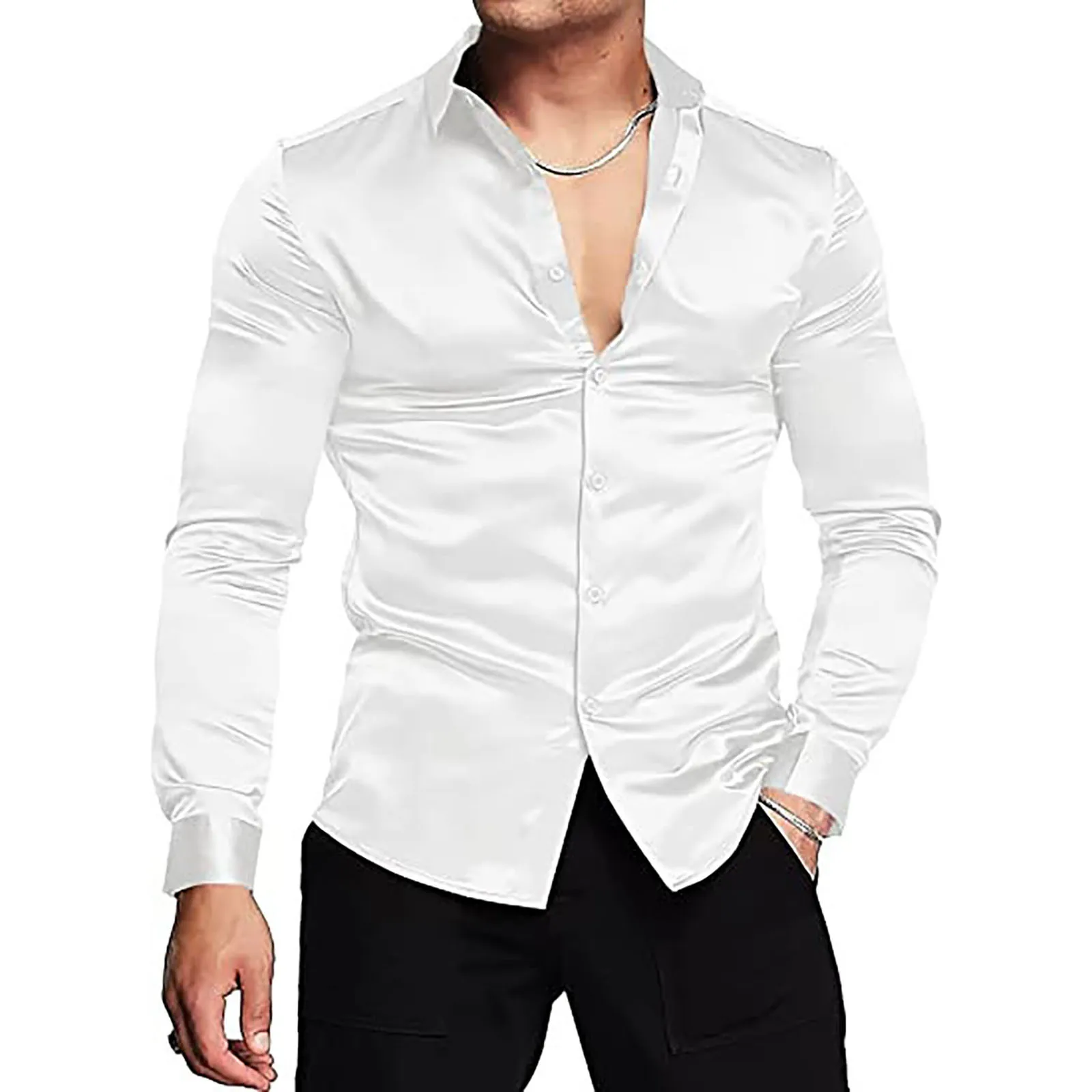 Men's Solid Satin Luxury Dress Shirts 2024 Silk Smooth Men Tuxedo Shirt Slim Fit Wedding Party Prom Casual Shirt Chemise Homme