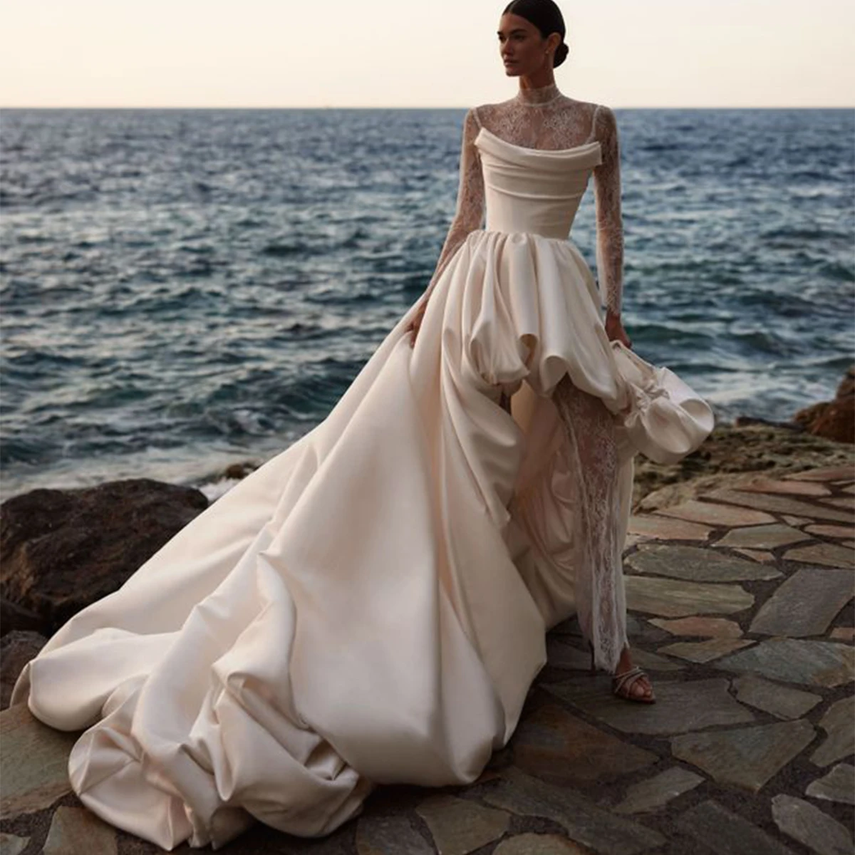 

Beach High Low Satin Strapless Wedding Dress For Bride Pleated Puffy Asymmetric Ball Gown Long Bridal Party Gown For Women