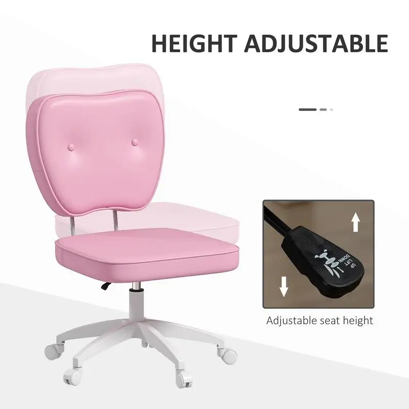 Cute Armless Office Chair, PU Leather Swivel Desk Chair, Adjustable Height Vanity Task Chair, Mid Back, Pink Color