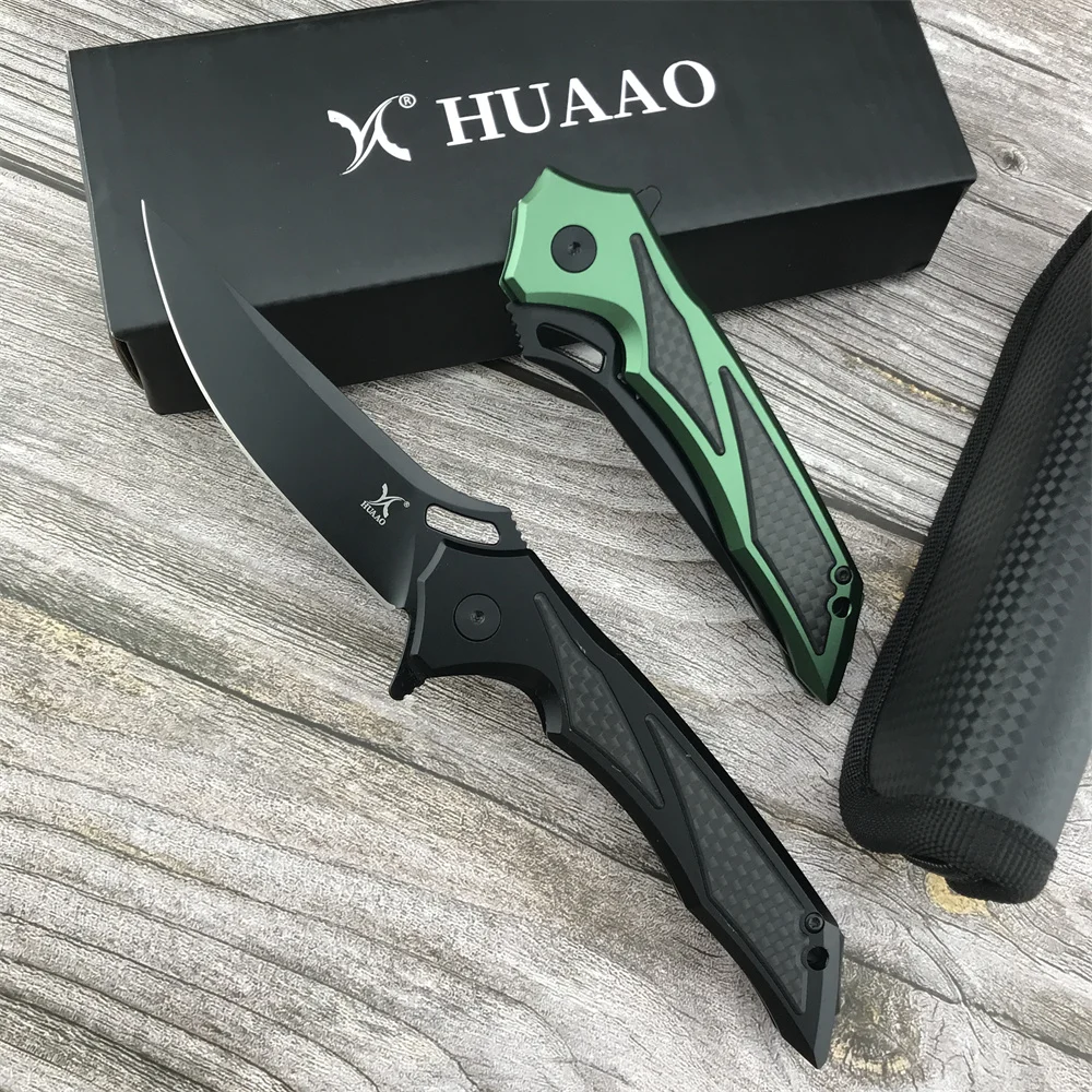 New HUAAO Flipper Assisted Folding Knife D2 Blade T6 Aluminum + Carbon Fiber Handle EDC Men\'s Camping Hunting Tactical Knife